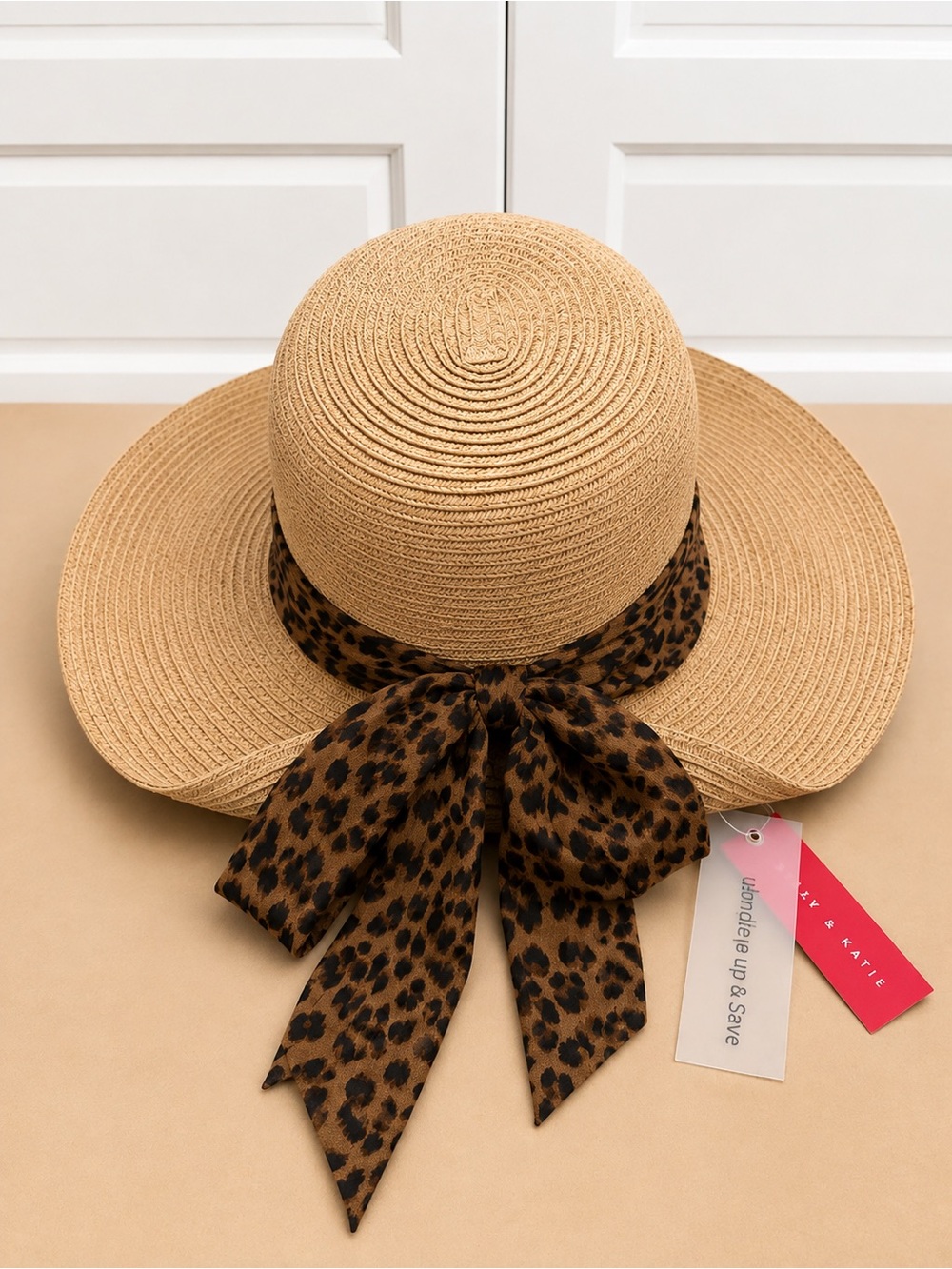 Kelly & Katie Tan Straw Sun Hat NWT with Leopard Bow - Picture 2 of 5